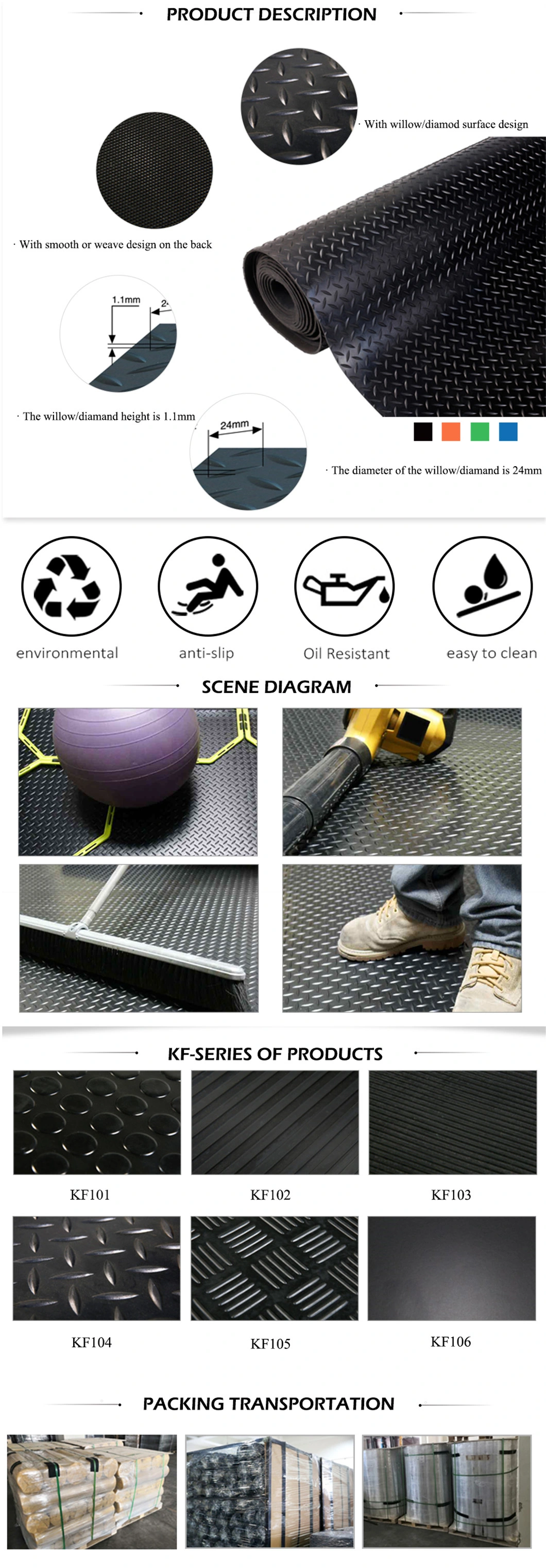 Coloured Durable Industrial/Commerical Anti-Slip Rubber Safety Willow/Diamond Rubber Flooring